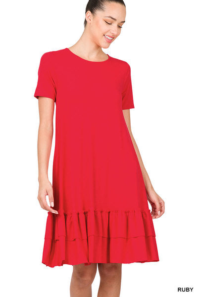 Back to Basics Short Sleeve Round Neck Ruffle Hem Dress