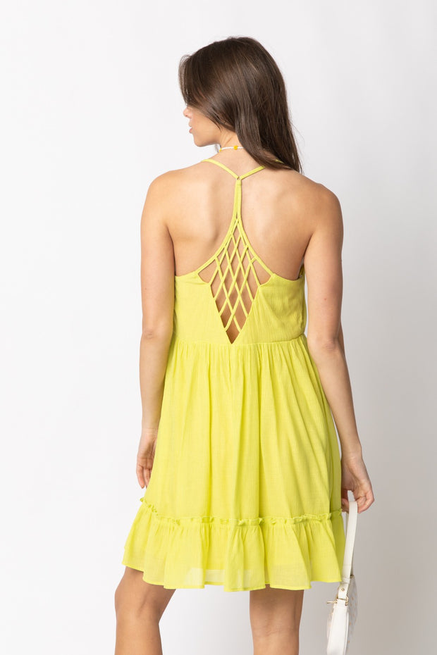 Woven Lattice Open Back Ruffle Mini Dress