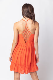 Woven Lattice Open Back Ruffle Mini Dress