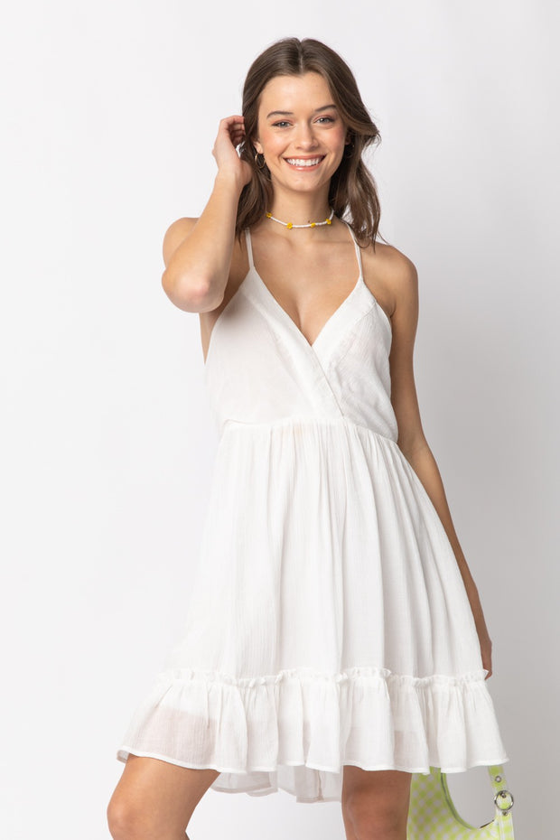 Woven Lattice Open Back Ruffle Mini Dress