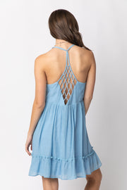 Woven Lattice Open Back Ruffle Mini Dress