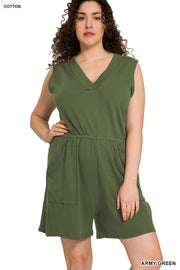 Plus cotton sleeveless romper with pockets