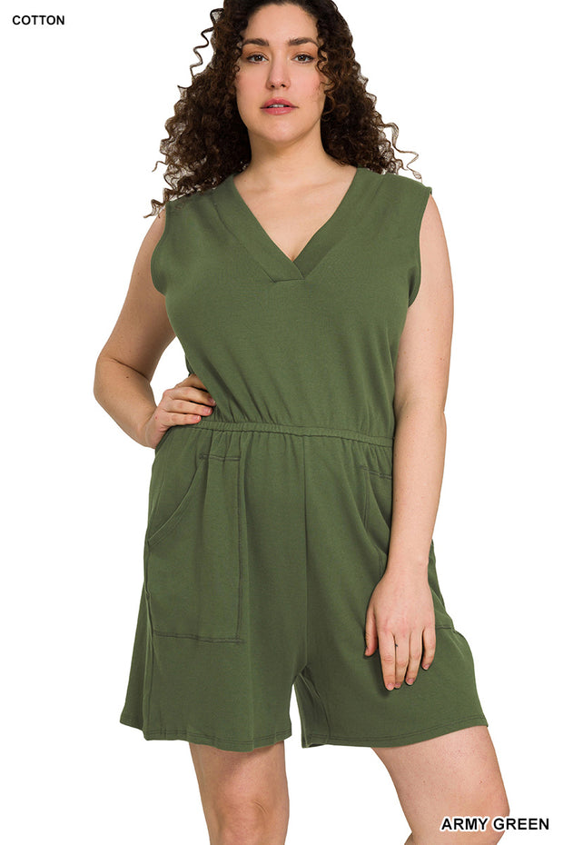 Plus cotton sleeveless romper with pockets