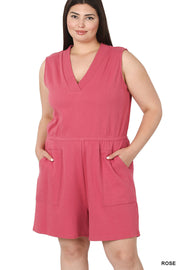 Plus cotton sleeveless romper with pockets