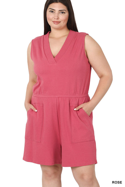 Plus cotton sleeveless romper with pockets