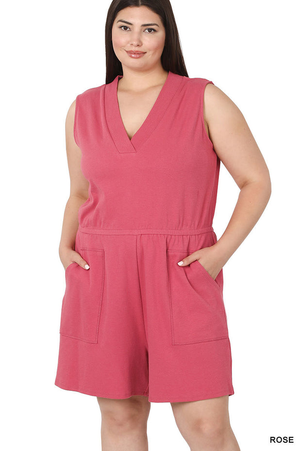 Plus cotton sleeveless romper with pockets