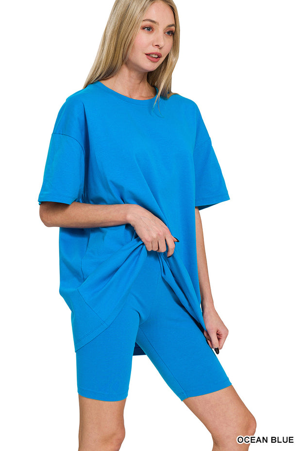 Cotton Round Neck Top & Biker Shorts Set