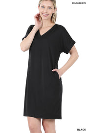 DTY Rolled Short Sleeve V-Neck Dress