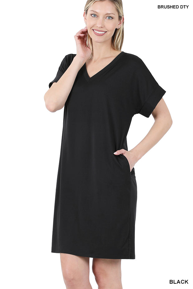 DTY Rolled Short Sleeve V-Neck Dress