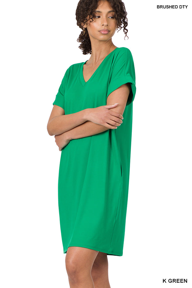 DTY Rolled Short Sleeve V-Neck Dress