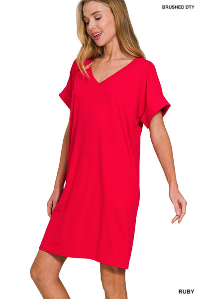 DTY Rolled Short Sleeve V-Neck Dress