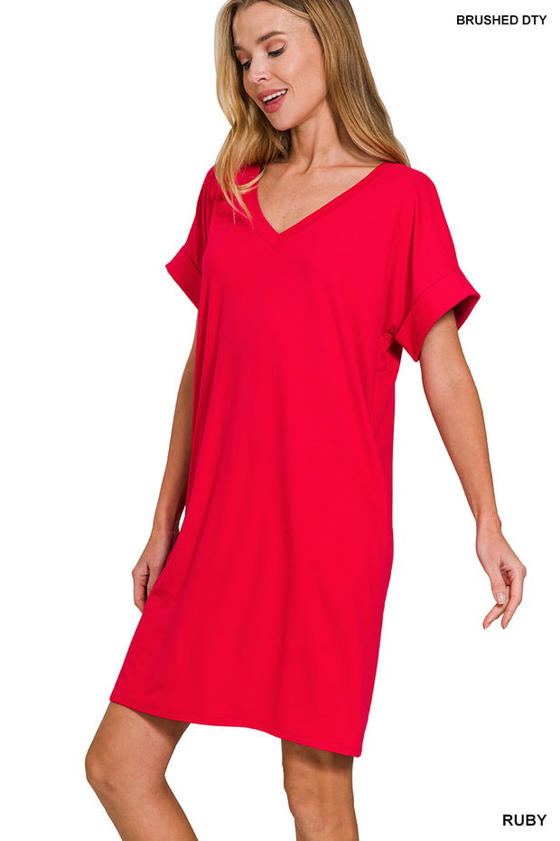 DTY Rolled Short Sleeve V-Neck Dress
