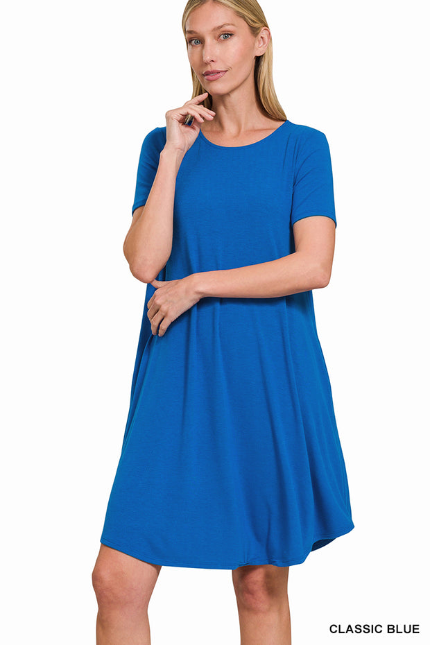 SHORT SLEEVE ROUND NECK ROUND HEM MIDI DRESS