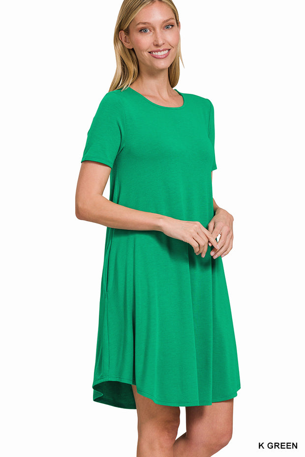 SHORT SLEEVE ROUND NECK ROUND HEM MIDI DRESS