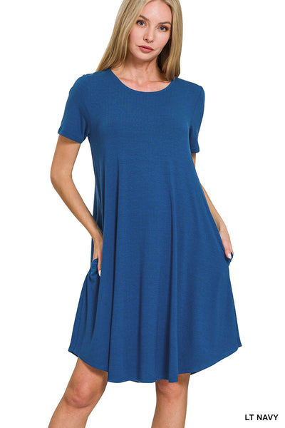 SHORT SLEEVE ROUND NECK ROUND HEM MIDI DRESS