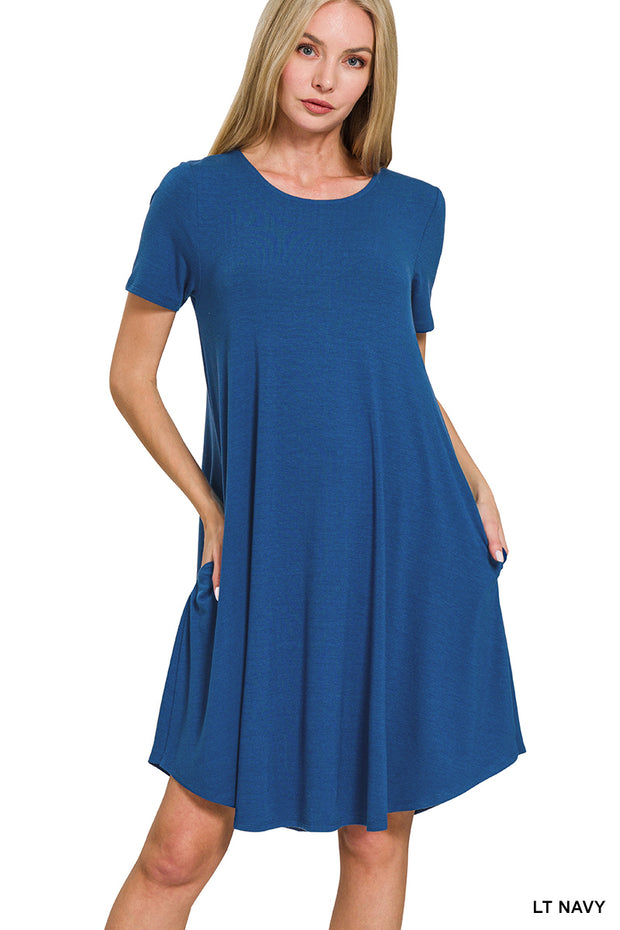 SHORT SLEEVE ROUND NECK ROUND HEM MIDI DRESS