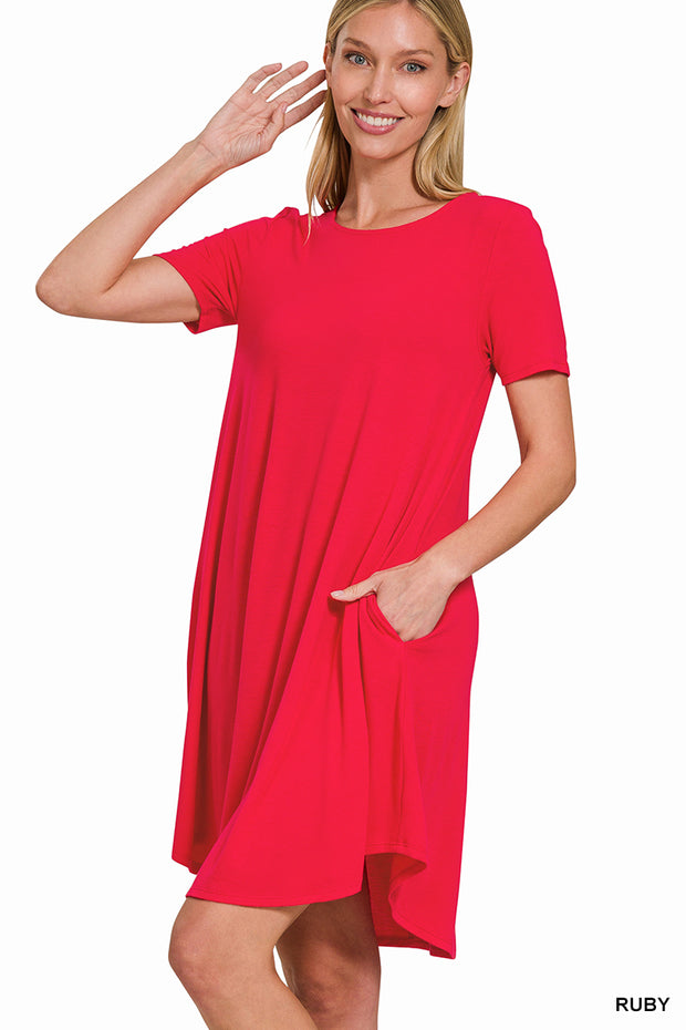 SHORT SLEEVE ROUND NECK ROUND HEM MIDI DRESS