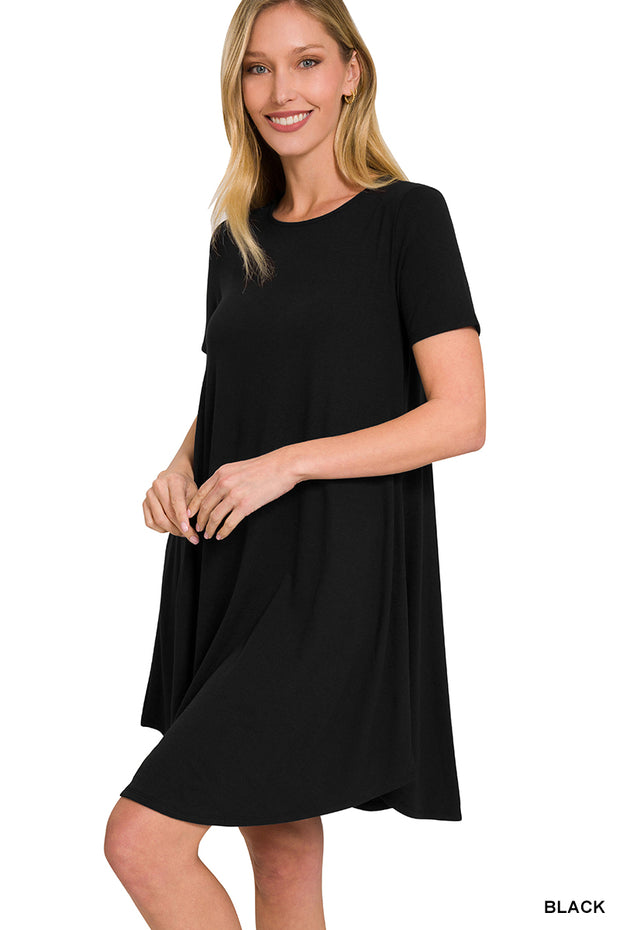 SHORT SLEEVE ROUND NECK ROUND HEM MIDI DRESS